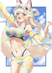 Rule 34 | + +, 1girl, animal ear fluff, animal ears, arm up, bare shoulders, bikini, blonde hair, blue bikini, blue eyes, blue sky, blush, border, breasts, cleavage, clenched hand, cloud, collarbone, day, detached sleeves, fangs, female focus, fox ears, fox girl, fox tail, hair rings, hand up, happy, hat, highleg, highleg bikini, highres, inaho (world flipper), large breasts, level9kaito, light blush, long hair, long sleeves, looking at viewer, microskirt, multiple tails, navel, official alternate costume, open mouth, outside border, see-through, sidelocks, skindentation, skirt, sky, smile, solo, stomach, swimsuit, tail, teeth, thigh strap, two tails, visor cap, white border, white hat, world flipper, yellow skirt, yellow sleeves