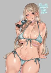Rule 34 | 1girl, agawa ryou, bikini, bottle, breasts, commentary, covered erect nipples, cowboy shot, dated, english commentary, front-tie bikini top, front-tie top, gluteal fold, holding, holding bottle, large breasts, light brown hair, long hair, looking at viewer, lotion bottle, navel, oiled, original, side-tie bikini bottom, signature, simple background, skindentation, smile, solo, swimsuit