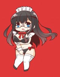 Rule 34 | 1girl, bikini, black bikini, black footwear, black hair, bloom2425, blue eyes, boots, chibi, commentary request, glasses, kantai collection, long hair, maid, maid headdress, ooyodo (kancolle), open mouth, red background, semi-rimless eyewear, simple background, solo, sweatdrop, swimsuit, thighhighs, white thighhighs