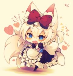 Rule 34 | 1girl, :d, absurdly long hair, american flag, american flag print, animal ear fluff, animal ears, apron, azur lane, black dress, blush, bow, cat ears, chibi, dress, fang, flag print, frilled apron, frilled dress, frills, full body, hair between eyes, hair bow, hammann (azur lane), heart, long hair, muuran, one side up, open mouth, outstretched arm, print neckwear, puffy short sleeves, puffy sleeves, red bow, short sleeves, signature, smile, solo, standing, standing on one leg, translated, very long hair, waist apron, white apron, white hair, wrist cuffs