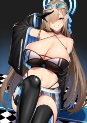 Rule 34 | 1girl, absurdres, alternate costume, asuna (blue archive), bare shoulders, bikini, black background, black choker, black gloves, black thighhighs, blue archive, blue eyes, blue ribbon, blush, breasts, brown hair, chixiao, choker, cleavage, detached sleeves, eyewear on head, gloves, gradient background, hair ornament, hair over one eye, hair ribbon, halo, halterneck, hand up, highleg, highleg bikini, highres, large breasts, long sleeves, looking at viewer, miniskirt, mole, mole on breast, navel, one eye covered, parted lips, race queen, ribbon, sitting, skindentation, skirt, smile, solo, string bikini, sunglasses, swimsuit, thighhighs, thighs, wide sleeves