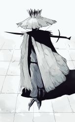 Rule 34 | 1boy, absurdres, cloak, greyscale, hat, highres, male focus, monochrome, original, shaded face, solo, straw hat, sword, talons, toot, walking, weapon, weapon on back