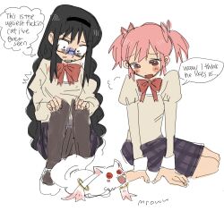 Rule 34 | 2girls, :d, absurdres, akemi homura, alien, black hair, black pantyhose, blush stickers, braid, commentary, disgust, english commentary, english text, frown, headband, highres, juliet sleeves, kaname madoka, kyubey, long sleeves, mahou shoujo madoka magica, multiple girls, open mouth, pantyhose, pink hair, puffy sleeves, red eyes, red ribbon, ribbon, semi-rimless eyewear, shaded face, short twintails, simple background, sitting, skirt, smile, speech bubble, thought bubble, twintails, white background, y4ntaoist