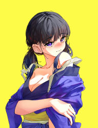 Rule 34 | 1girl, absurdres, armpit crease, bare shoulders, ben-day dots, black hair, blush, breasts, cleavage, closed mouth, collarbone, commentary, dot nose, firehippo, frown, hair over shoulder, hand on own arm, highres, inoue takina, jacket, japanese clothes, kimono, large breasts, long hair, looking at viewer, looking to the side, lycoris recoil, nose blush, obi, off shoulder, open clothes, open jacket, purple eyes, purple jacket, purple kimono, raised eyebrows, ribbon, sash, screentones, simple background, sleeves past elbows, solo, strap slip, thick eyelashes, three quarter view, turning head, twintails, upper body, yellow background, yellow ribbon