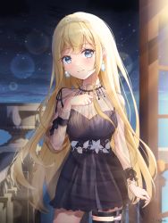 Rule 34 | 1girl, absurdres, alternate hairstyle, balcony, black dress, blonde hair, blue eyes, breasts, cleavage, diamond earrings, dress, earrings, eyes visible through hair, floral print, harukix, highres, hololive, hololive english, jewelry, large breasts, long hair, mole, mole on breast, night, ocean, princess, see-through, see-through sleeves, smile, thigh strap, tiara, very long hair, virtual youtuber, watson amelia, watson amelia (party dress)