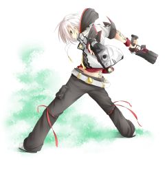Rule 34 | 1boy, aiming, aiming at viewer, chabaneko, dual wielding, grin, gun, highres, holding, looking at viewer, looking back, male focus, original, short hair, simple background, smile, solo, tarutaru22, weapon, white background, white hair