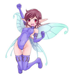 Rule 34 | 1girl, blush, breasts, cameltoe, cleft of venus, covered erect nipples, covered navel, fairy, full body, gloves, hair between eyes, knees together feet apart, leotard, looking at viewer, nollety, open mouth, pixie (megami tensei), pointy ears, purple thighhighs, pussy, red eyes, red hair, short hair, smile, solo, thigh gap, thighhighs, wide hips, wings