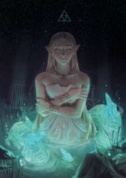 Rule 34 | 1girl, aqua theme, bare shoulders, blonde hair, bracelet, closed eyes, crossed arms, crystal, dress, grass, highres, jewelry, long hair, necklace, nintendo, parted bangs, parted lips, partially submerged, pillar, pointy ears, princess zelda, questtneo, solo, strapless, strapless dress, the legend of zelda, the legend of zelda: breath of the wild, triforce, white dress