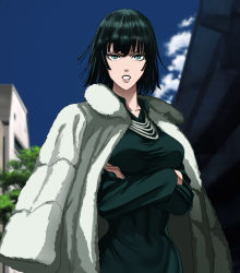 Rule 34 | 1girl, black dress, black hair, breasts, coat, crossed arms, dress, fubuki (one-punch man), fur coat, green eyes, highres, jewelry, large breasts, necklace, one-punch man, short hair, sky, solo, tagme, taut clothes, taut dress, the golden smurf