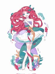 Rule 34 | 1girl, adapted costume, animification, ariel (disney), bare arms, bare legs, collarbone, disney, dress, fins, fish, fish tail, fork, gem, hanbok, highres, holding, holding fork, jewelry, korean clothes, lia s2, long hair, mirror, necklace, pearl hair ornament, pearl necklace, red hair, red ribbon, ribbon, seaweed, simple background, solo, strapless, strapless dress, tail, the little mermaid, very long hair, white background