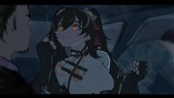 Rule 34 | 1girl, 2boys, beard, black gloves, black hair, breasts, car interior, chinese clothes, cigarette, clenched hands, commentary, english commentary, facial hair, fingerless gloves, girls&#039; frontline, gloves, glowing, glowing eyes, hair between eyes, hair ornament, highres, izaru 31, jiangyu (neural cloud), kung fu hustle, long hair, multiple boys, orange eyes, scene reference, smoking, solo focus, twintails