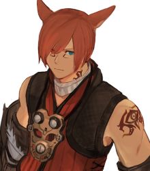 Rule 34 | 1boy, animal ears, arm tattoo, blue eyes, cat ears, commentary request, final fantasy, final fantasy xiv, g&#039;raha tia, grbraku, heterochromia, highres, male focus, mask, mask around neck, miqo&#039;te, neck tattoo, red eyes, red hair, red vest, short hair, simple background, solo, tattoo, vest, white background