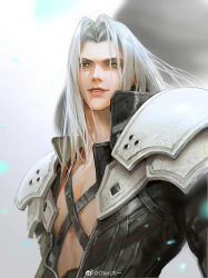 Rule 34 | 1boy, armor, belt, black jacket, chest strap, final fantasy, final fantasy vii, final fantasy vii remake, green eyes, grey hair, high collar, highres, jacket, long bangs, long hair, looking at viewer, male focus, open clothes, open collar, open jacket, oten, parted bangs, parted lips, sephiroth, shoulder armor, solo, square enix, upper body