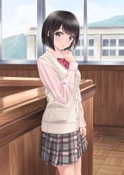 Rule 34 | 1girl, :o, arm at side, black hair, blouse, blush, bob cut, bow, bowtie, building, buttons, cardigan, collared shirt, cowboy shot, day, eyebrows, from side, glass, highres, indoors, long sleeves, looking away, looking to the side, md5 mismatch, miniskirt, mountain, original, pink shirt, plaid, plaid skirt, pleated skirt, red bow, red bowtie, school, school uniform, shirt, short hair, skirt, sky, solo, standing, sweater vest, swept bangs, window, wooden floor, wooden wall, yukimaru217