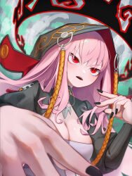 Rule 34 | 1girl, absurdres, appleblossomtea, black nails, breasts, cleavage, eyelashes, hair between eyes, highres, hololive, hololive english, hood, hood up, jewelry, large breasts, long hair, looking ahead, mori calliope, mori calliope (jigoku 6), nail polish, open mouth, red eyes, solo, teeth, upper teeth only, virtual youtuber
