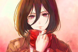 Rule 34 | 1girl, adjusting scarf, artist name, backlighting, black hair, brown eyes, brown jacket, closed mouth, commentary request, expressionless, gradient background, hair between eyes, hair strand, hand on own neck, head tilt, highres, jacket, korean commentary, lips, loann (gwon8224), long bangs, long sleeves, looking at viewer, mikasa ackerman, pink background, profile, red neckwear, red scarf, scarf, shingeki no kyojin, shirt, short hair, signature, solo, sunset, white shirt