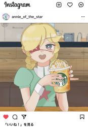 Rule 34 | 1girl, alternate color, annie (skullgirls), blonde hair, blue eyes, blush, braid, bright pupils, drink, eyepatch, highres, instagram, juliet sleeves, logo, long sleeves, looking at viewer, open mouth, puffy sleeves, qgkgao, skullgirls, smile, solo, starbucks, table, twin braids, whipped cream, white pupils