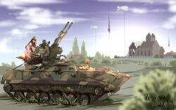 Rule 34 | 1girl, absurdres, black hair, blue sky, blurry, blurry background, bush, caterpillar tracks, chinese commentary, commentary request, dated, dress, full body, highres, houraisan kaguya, long hair, military vehicle, motor vehicle, outdoors, pink dress, pink dresstank, pzgr.40, rock, signature, sky, solo, tank, touhou
