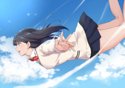 Rule 34 | 10s, 1girl, black hair, blue eyes, bow, breasts, cardigan, cloud, collared shirt, day, falling, from side, gridman universe, light rays, long hair, long sleeves, looking up, medium breasts, miniskirt, open mouth, outstretched arms, pleated skirt, red bow, school uniform, shirt, skirt, sky, smile, solo, ssss.gridman, takarada rikka, terry (pixiv3274443), thighs, white cardigan, white shirt