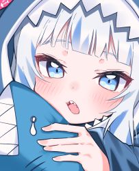 Rule 34 | 1girl, animal hood, blue eyes, blue hair, blush, commentary request, eyebrows hidden by hair, gawr gura, highres, hololive, hololive english, hood, hood up, long sleeves, looking at viewer, multicolored hair, open mouth, romaji commentary, shark hood, sharp teeth, sleeves past wrists, solo, streaked hair, stuffed animal, stuffed shark, stuffed toy, teardrop, teeth, tosyeo, virtual youtuber, white hair