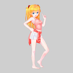 Rule 34 | 1girl, barefoot, blue eyes, camisole, casual, evangelion: 2.0 you can (not) advance, full body, hand on own hip, index finger raised, legs, long hair, looking at viewer, luna diana, midriff, navel, neon genesis evangelion, open mouth, orange hair, rebuild of evangelion, shiny skin, shirt, simple background, skirt, solo, souryuu asuka langley, taut clothes, taut shirt, tsundere, twintails, two side up