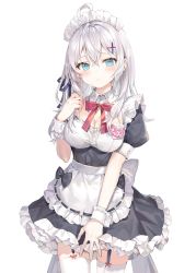 Rule 34 | 1girl, absurdres, ahoge, alisa mikhailovna kujou, alternate costume, apron, black dress, blue eyes, bow, bowtie, breasts, cleavage, commentary request, cowboy shot, dress, enmaided, frilled dress, frills, frown, garter straps, hair ornament, hairclip, hand up, highres, long hair, looking at viewer, maid, maid apron, maid headdress, medium breasts, momoko (momopoco), name tag, ribbon-trimmed apron, ribbon trim, simple background, solo, standing, thighhighs, tokidoki bosotto roshia-go de dereru tonari no arya-san, waist apron, white background, white hair, white thighhighs, wing collar, x hair ornament, zettai ryouiki