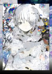 Rule 34 | 1girl, abstract, abstract background, bubble, closed mouth, expressionless, framed, grey eyes, hair over one eye, highres, looking at viewer, original, portrait, solo, tsukamoto anabone, white hair