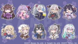 6+girls aegir_(azur_lane) azur_lane black_bow black_hair black_kimono blonde_hair blue_kimono bottle bow chibi chibi_only cow_horns drill_hair floral_print floral_print_kimono golden_hind_(azur_lane) green_hair grozny_(azur_lane) guam_(azur_lane) hair_bow hair_over_one_eye horns japanese_clothes joffre_(azur_lane) kashino_(azur_lane) kearsarge_(azur_lane) kimono liverpool_(azur_lane) long_sleeves looking_at_viewer manjuu_(azur_lane) milk_bottle multicolored_hair multiple_girls nejikirio official_art one_eye_closed paddle purple_hair red_hair side_drill smile star_(symbol) streaked_hair suction_cups table_tennis_paddle tentacles unicorn_(azur_lane) unzen_(azur_lane) v white_hair wide_sleeves