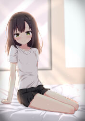 Rule 34 | 1girl, arm support, bare legs, black hair, black skirt, blush, breasts, closed mouth, collarbone, commentary request, frown, full body, green eyes, hair ornament, hairclip, highres, long hair, looking at viewer, miniskirt, original, shirt, short sleeves, sitting, skirt, small breasts, solo, split mouth, takasuma hiro, white shirt, yokozuwari