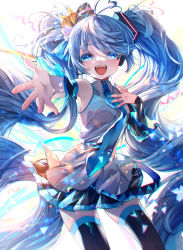Rule 34 | 1girl, absurdres, black headwear, black skirt, black thighhighs, blue eyes, blue hair, blue nails, blue necktie, detached sleeves, hatsune miku, highres, looking at viewer, nail polish, necktie, open mouth, reaching, reaching towards viewer, shirayuki towa, shirt, simple background, skirt, smile, solo, teeth, thighhighs, twintails, upper teeth only, vocaloid, white background, white shirt
