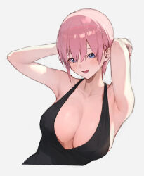 Rule 34 | 1girl, :d, arms behind head, black dress, blue eyes, breasts, cleavage, dress, go-toubun no hanayome, grey background, highres, large breasts, looking at viewer, nakano ichika, open mouth, pink hair, short hair, sleeveless, sleeveless dress, smile, solo, sooon, upper body