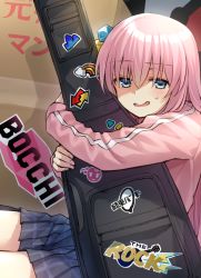 Rule 34 | 1girl, black skirt, blue eyes, blush, bocchi the rock!, box, cardboard box, commentary request, cube hair ornament, gotoh hitori, hair between eyes, hair ornament, highres, instrument case, jacket, long sleeves, looking at viewer, hugging object, parted lips, pink hair, pink jacket, plaid, plaid skirt, pleated skirt, skirt, smile, solo, somechime (sometime1209)