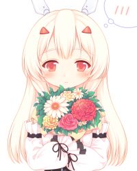 Rule 34 | 1girl, ayanami (azur lane), azur lane, bare shoulders, blonde hair, blush, bouquet, closed mouth, detached sleeves, dress, flower, hair ornament, hairclip, highres, long hair, long sleeves, looking at viewer, hugging object, puffy long sleeves, puffy sleeves, red eyes, red flower, red rose, rose, sakurato ototo shizuku, simple background, solo, spoken blush, upper body, white background, white dress, white flower, white sleeves, yellow flower, yellow rose