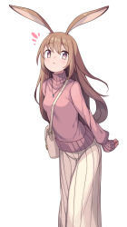Rule 34 | 1girl, ^^^, animal ears, bag, blush, breasts, brown hair, casual, closed mouth, handbag, jewelry, leaning forward, long hair, long skirt, long sleeves, looking at viewer, necklace, original, pink sweater, pleated skirt, purple eyes, rabbit ears, rabbit girl, ribbed sweater, saiste, shoulder bag, skirt, sleeves past wrists, small breasts, solo, sweater, turtleneck, turtleneck sweater, very long hair, white background, white skirt