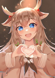Rule 34 | 1girl, :d, a-soul, absurdres, ahoge, animal ear fluff, animal ears, antlers, bell, black neckerchief, blue eyes, blush, brown background, brown hair, brown jacket, deer antlers, deer ears, diana (a-soul), hair bell, hair ornament, heart, heart hands, highres, holly hair ornament, horns, jacket, long hair, long sleeves, looking at viewer, neckerchief, open clothes, open jacket, open mouth, sailor collar, school uniform, serafuku, smile, solo, star (symbol), star hair ornament, theos, upper body, virtual youtuber, white sailor collar