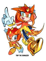 2girls adapted_costume age_comparison aged_up animal_nose bracelet dress dual_persona gloves gold gold_bracelet gold_footwear high_heels highres jewelry long_eyelashes multicolored_dress multiple_girls open_mouth orange_dress pointy_nose sidelocks sleeveless sleeveless_dress smile sonic_(series) sonic_superstars sonic_the_hedgehog_(classic) spiked_tail spines tail tokiwa757 trip_the_sungazer white_gloves yellow_dress yellow_eyes