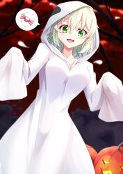Rule 34 | 1girl, :d, absurdres, alternate costume, blurry, blurry background, breasts, candy, dress, food, forest, from below, ghost pose, grey hair, hair between eyes, halloween, halloween costume, hands up, highres, hood, hooded dress, hoodie, jack-o&#039;-lantern, komeiji koishi, looking at viewer, medium breasts, nature, open mouth, short hair, smile, solo, sparkle, speech bubble, straddling, suzuki eiru, tongue, touhou, tree, very long sleeves, white dress, white sleeves