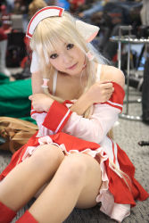 Rule 34 | 1girl, asian, bare shoulders, blonde hair, breasts, brown eyes, chii, chii (cosplay), chobits, cosplay, cosplay photo, detached sleeves, highres, indoors, kipi-san, long hair, looking at viewer, mole, on floor, pantyhose, photo (medium), real life, rug, sidelocks, sitting, small breasts, solo, uniform