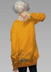 Rule 34 | 1boy, bad id, bad tumblr id, black pants, covered mouth, cowboy shot, earrings, grey background, hair between eyes, hand up, highres, hirota tsuu, jewelry, long sleeves, male focus, original, pants, ring, silver hair, simple background, solo, standing, sweater, yellow eyes, yellow sweater