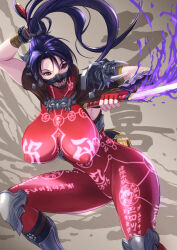 Rule 34 | 1girl, arm guards, armor, black hair, bodysuit, breasts, brown eyes, covered erect nipples, ema (emaura), fingerless gloves, full-body tattoo, gloves, impossible bodysuit, impossible clothes, kodachi, large breasts, long hair, ninja, ponytail, pubic tattoo, red bodysuit, short sword, shoulder armor, skin tight, sleeveless, sleeveless bodysuit, solo, soul calibur, sword, sword behind back, taki (soulcalibur), tattoo, weapon