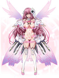 Rule 34 | 1girl, breasts, elbow gloves, female focus, fingerless gloves, gloves, hair ornament, highres, holographic interface, large breasts, long hair, looking at viewer, nipples, nude, original, os-tan, pink eyes, pink hair, power symbol, pussy, q azieru, signature, skirt, smile, solo, thighhighs, uncensored, very long hair, wings