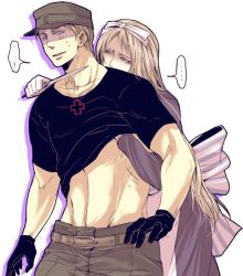 Rule 34 | 1boy, 1girl, abs, apron, axis powers hetalia, bad id, bad pixiv id, belarus (hetalia), belt, black gloves, black shirt, blonde hair, blue eyes, bow, clothes lift, cross, dress, femdom, germany (hetalia), gloves, hair bow, hair ribbon, hand on another&#039;s chest, hat, hetero, ina (the grasshopper lies heavy), iron cross, jewelry, knife, long hair, md5 mismatch, military, military uniform, molestation, muscular, necklace, open mouth, pants, pectorals, purple eyes, ribbon, shaded face, shirt, shirt lift, short hair, simple background, sweat, trembling, uniform, weapon