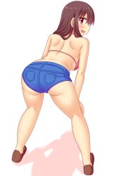 Rule 34 | 1girl, ass, back, bare shoulders, bent over, blush, bra, breasts, brown hair, denim, denim shorts, from behind, full body, leaning, leaning forward, loafers, long hair, looking back, neri sachiko, open mouth, original, purple eyes, shadow, shiny skin, shoes, short shorts, shorts, smile, underwear