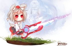 Rule 34 | 1girl, animal ears, artist name, bikuseno, blush, chibi, detached sleeves, energy sword, fighting stance, full body, grass, grey hair, hat, highres, holding, holding sword, holding weapon, inubashiri momiji, mechonis, monado, multicolored clothes, multicolored skirt, nintendo, plant, pom pom (clothes), projected inset, red eyes, ribbon-trimmed sleeves, ribbon trim, serious, short hair, sketch, skirt, sleeveless, solid circle eyes, solo, standing, sword, tail, tokin hat, touhou, weapon, wolf ears, wolf tail, xenoblade chronicles 1, xenoblade chronicles (series)