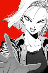 Rule 34 | 1girl, android 18, close-up, collarbone, dragon ball, dragonball z, earrings, eyelashes, highres, ishii takamori, jewelry, looking at viewer, monochrome, open mouth, red background, short hair, solo, vest