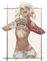 Rule 34 | 1girl, absurdres, asymmetrical gloves, bandaged arm, bandages, breasts, burger, dark-skinned female, dark skin, duel monster, fast food, fingerless gloves, food, gloves, guilty gear, guilty gear strive, highres, holding, holding food, hungry burger, long hair, looking at viewer, medium breasts, open mouth, orange eyes, ramlethal valentine, red bandage, short shorts, shorts, sketch, wawon (wan wawon), white gloves, white hair, white shorts, yu-gi-oh!