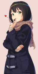Rule 34 | 1girl, :p, beige background, between fingers, black coat, black hair, brown scarf, candy, chocolate, chocolate heart, closed mouth, coat, duffel coat, enpera, food, heart, highres, holding, holding food, itachi kanade, long sleeves, looking at viewer, original, plaid, plaid scarf, pocket, scarf, short hair, simple background, sleeves past wrists, smile, solo, sweater, tareme, tongue, tongue out, upper body, valentine