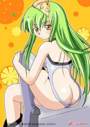Rule 34 | 00s, 1girl, ass, body writing, boots, breasts, butt crack, c.c., code geass, food, large breasts, looking at viewer, looking back, pizza, pizza slice, solo, thigh boots, thighhighs