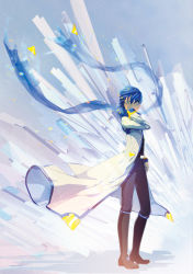 Rule 34 | 1boy, belt, blue eyes, blue hair, blue scarf, boots, coat, from side, full body, hand in own hair, highres, ixima, kaito (vocaloid), kaito (vocaloid3), male focus, matching hair/eyes, pants, scarf, solo, standing, vocaloid, zipper
