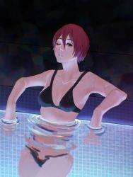 Rule 34 | 1girl, bikini, black bikini, breasts, collarbone, commentary, english commentary, grey eyes, hair between eyes, han soo-min (hanny), hanny (uirusu chan), looking at viewer, making-of available, nose, one eye closed, original, partially submerged, pool, red hair, short hair, small breasts, solo, swimsuit, water, wet